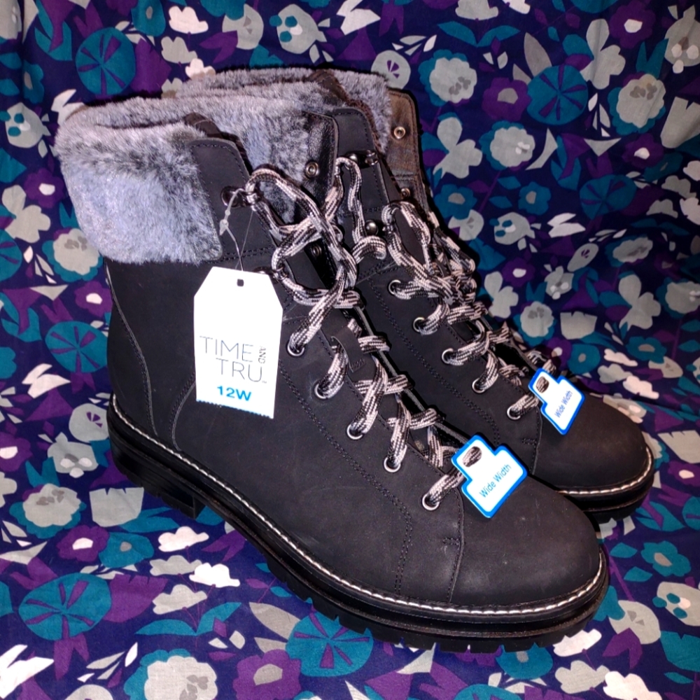 Black Gray Fluffy Suede Winter Boots Wide